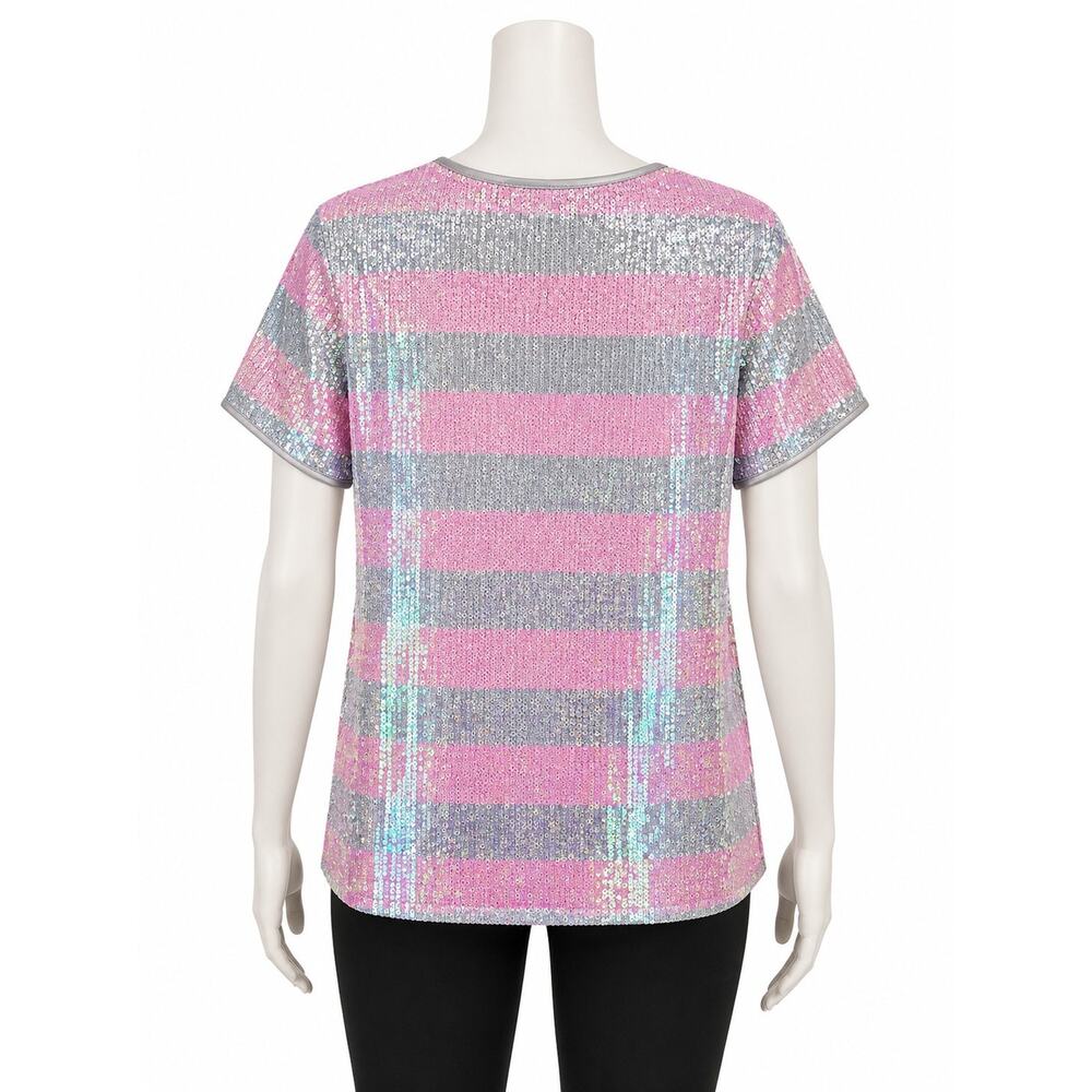 Forever 21 Shirt Blouse Womens Sz Med Striped Short Sleeve Top Gray Pink Sequins - Picture 2 of 9